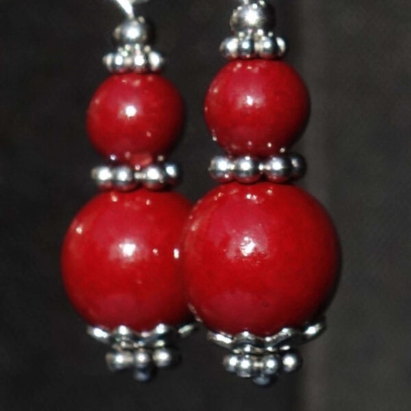 Vermilion Cinnabar Earrings Artisanal Stone Beads Rhodium Plated 925 Sterling Silver Hooks