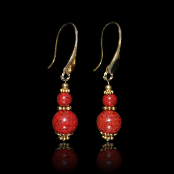 Vermilion Cinnabar Earrings Artisanal Stone Beads Real 18j Gold Plated 925 Sterling Silver Hooks