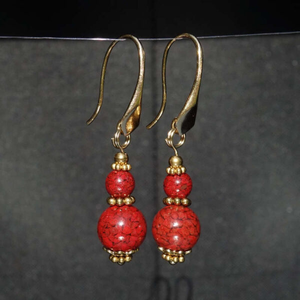 Vermilion Cinnabar Earrings Artisanal Stone Beads Real 18j Gold Plated 925 Sterling Silver Hooks