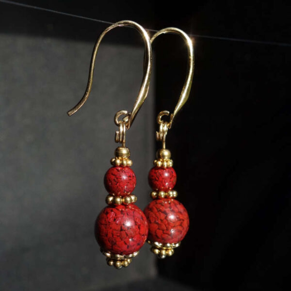 Vermilion Cinnabar Earrings Artisanal Stone Beads Real 18j Gold Plated 925 Sterling Silver Hooks