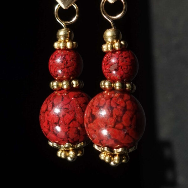 Vermilion Cinnabar Earrings Artisanal Stone Beads Real 18j Gold Plated 925 Sterling Silver Hooks