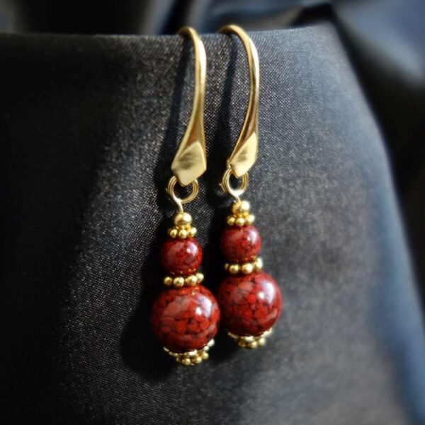 Vermilion Cinnabar Earrings Artisanal Stone Beads Real 18j Gold Plated 925 Sterling Silver Hooks