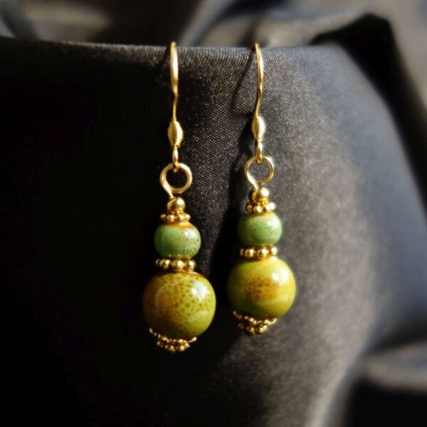 Green Glazed Ceramic Earring Ceramic Beads Hypoallergic Stainless Steel Hooks