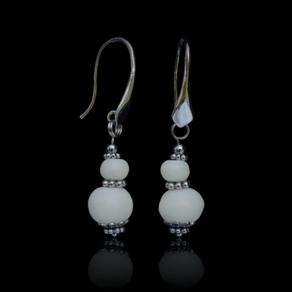 White Yak Bone Earrings Natural Beads Rhodium Plated 925 Sterling Silver Hooks