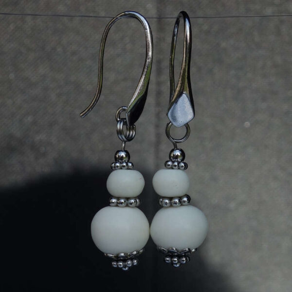 White Yak Bone Earrings Natural Beads Rhodium Plated 925 Sterling Silver Hooks