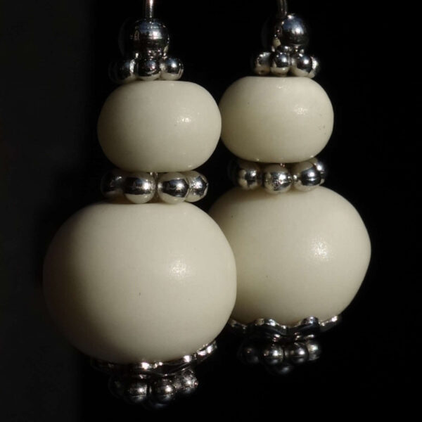 White Yak Bone Earrings Natural Beads Rhodium Plated 925 Sterling Silver Hooks