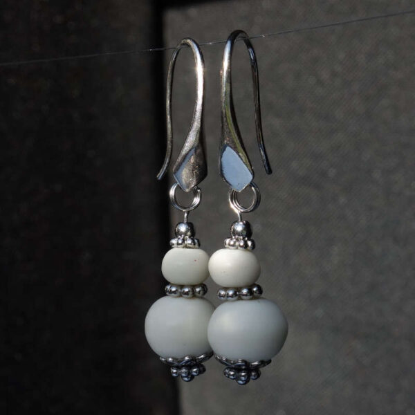 White Yak Bone Earrings Natural Beads Rhodium Plated 925 Sterling Silver Hooks