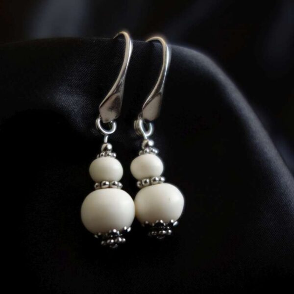 White Yak Bone Earrings Natural Beads Rhodium Plated 925 Sterling Silver Hooks