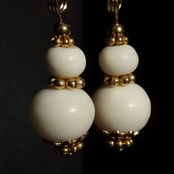 White Yak Bone Earrings Natural Beads Real 18k Gold Plated 925 Sterling Silver Hooks