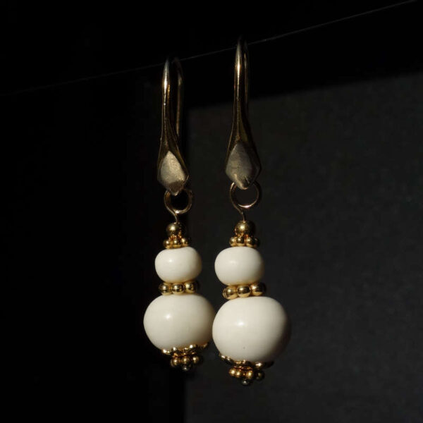 White Yak Bone Earrings Natural Beads Real 18k Gold Plated 925 Sterling Silver Hooks