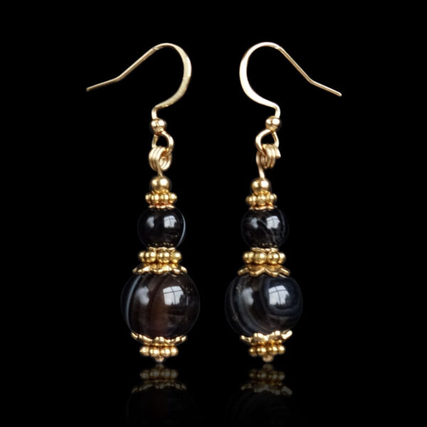 Black Banded Onyx Earrings Semi-Precious Stone Beads Hypoallergic Stainless Steel Hooks