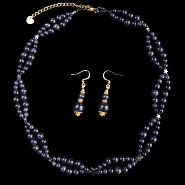 Cosmic-Blue-Goldstone-Beadwork-Necklace-Earrings-Set-Sandstone-Glass-Beads-Hypoallergic-Stainless-Steel08975-1