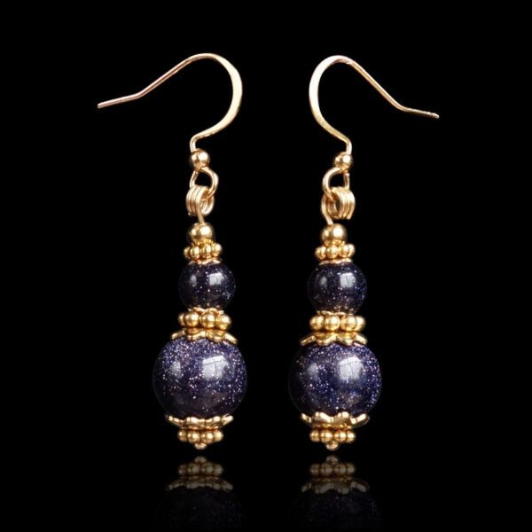 Cosmic Blue Goldstone Sandstone Earrings Glass Beads Hypoallergic Stainless Steel Hooks