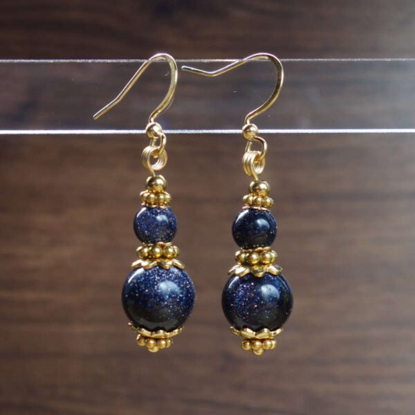 Cosmic Blue Goldstone Sandstone Earrings Glass Beads Hypoallergic Stainless Steel Hooks