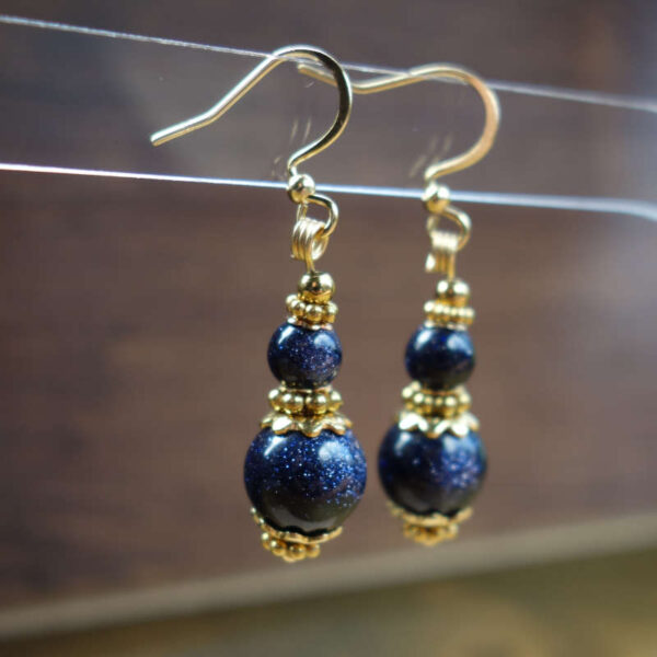 Cosmic Blue Goldstone Sandstone Earrings Glass Beads Hypoallergic Stainless Steel Hooks