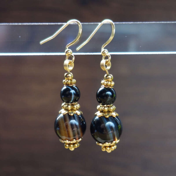 Black Banded Onyx Earrings Semi-Precious Stone Beads Hypoallergic Stainless Steel Hooks