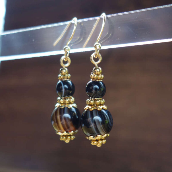 Black Banded Onyx Earrings Semi-Precious Stone Beads Hypoallergic Stainless Steel Hooks