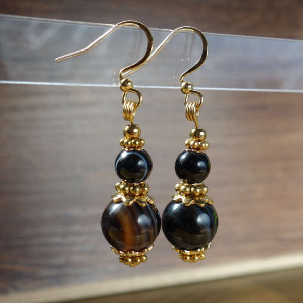 Black Banded Onyx Earrings Semi-Precious Stone Beads Hypoallergic Stainless Steel Hooks