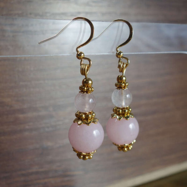 Rose Quartz Earring Semi-Precious Stone Beads Hypoallergic Stainless Steel Hooks