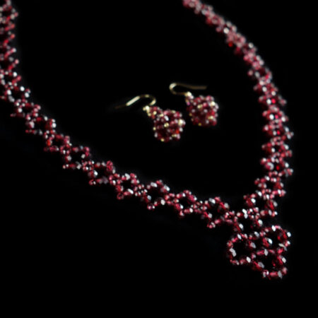 Almandine Garnet Beadwork Necklace and Earrings Set