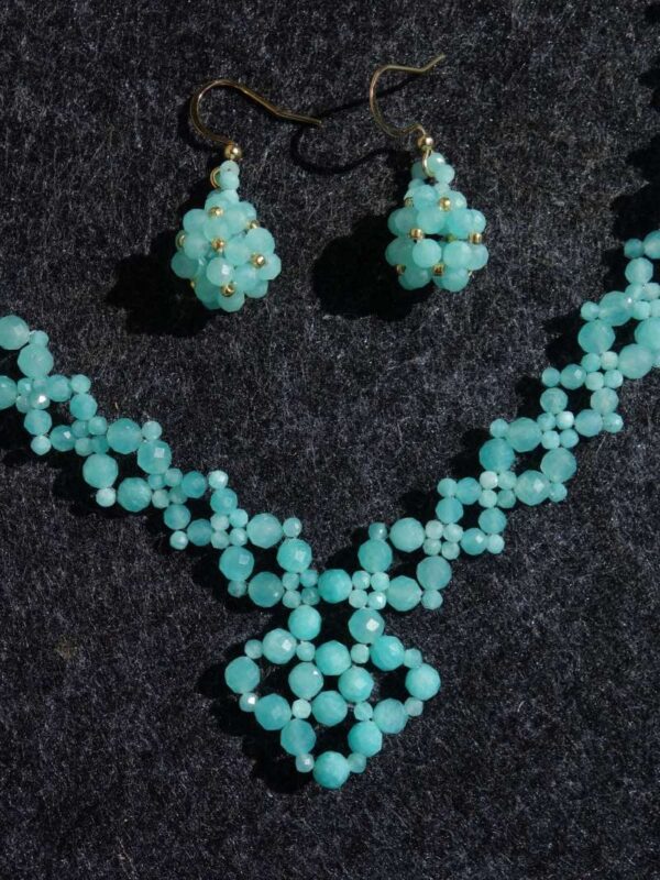 Peruvian Amazonite Beadwork Necklace and Earrings Set with semi-precious stone faceted beads, precision fishing line, and hypoallergenic stainless steel.