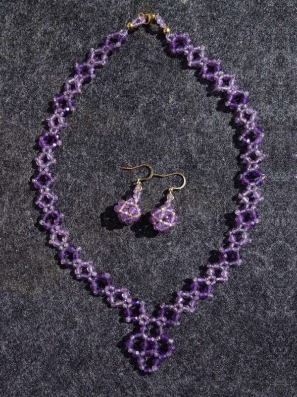 Amethyst Necklace and Earrings Set Semi-Precious Stone Faceted Beads Hypoallergic Stainless Steel Clasp