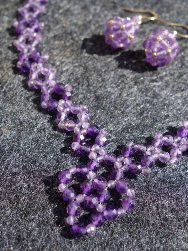 Amethyst Necklace and Earrings Set Semi-Precious Stone Faceted Beads Hypoallergic Stainless Steel Clasp