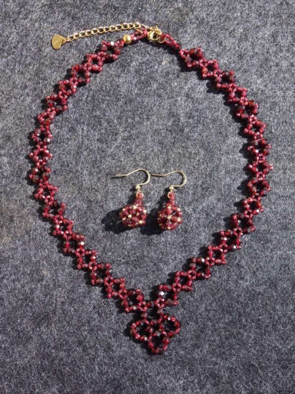 Almandine Garnet Beadwork Necklace and Earrings Set Semi-Precious Stone Faceted Beads Hypoallergic Stainless Steel