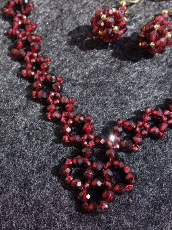 Almandine Garnet Beadwork Necklace and Earrings Set Semi-Precious Stone Faceted Beads Hypoallergic Stainless Steel