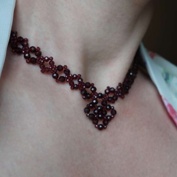 Almandine Garnet Beadwork Necklace and Earrings Set Semi-Precious Stone Faceted Beads Hypoallergic Stainless Steel