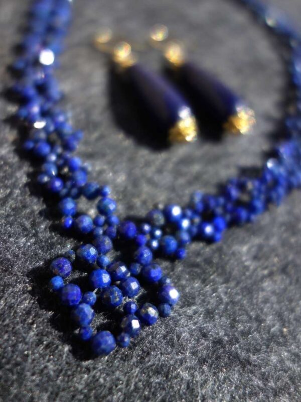 Lapis Lazuli Necklace and Earrings Set Semi-Precious Stone Faceted Beads Hypoallergic Stainless Steel