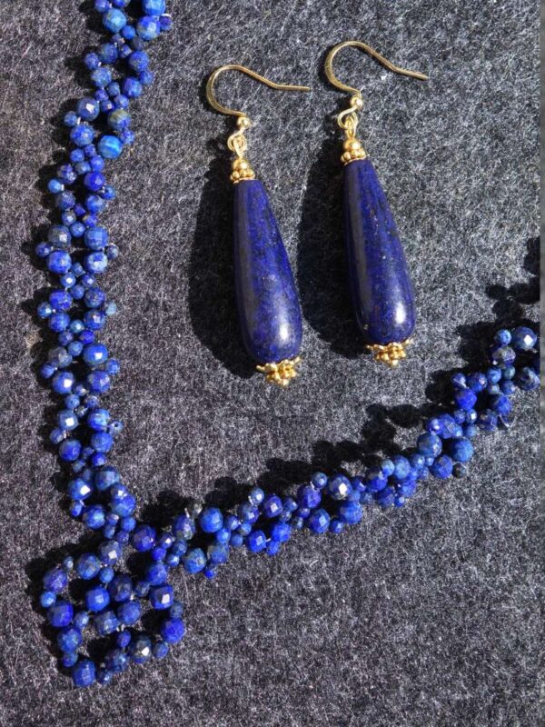 Lapis Lazuli Necklace and Earrings Set Semi-Precious Stone Faceted Beads Hypoallergic Stainless Steel