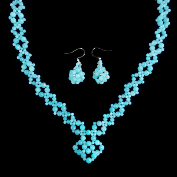 Peruvian Amazonite Beadwork Necklace and Earrings Set with semi-precious stone faceted beads, precision fishing line, and hypoallergenic stainless steel.