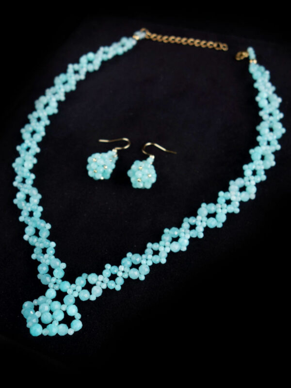 Peruvian Amazonite Beadwork Necklace and Earrings Set with semi-precious stone faceted beads, precision fishing line, and hypoallergenic stainless steel.