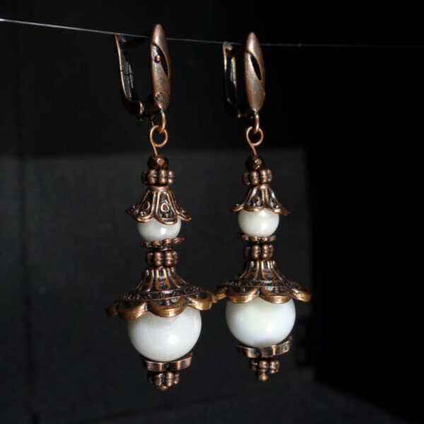 AB-White Procelain imitation Earrings art glass round beads Antique Copper Style English Lock Hooks