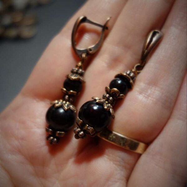 Black Ox Horn Earrings natural bone round beads Antique Copper Style English Lock Hooks