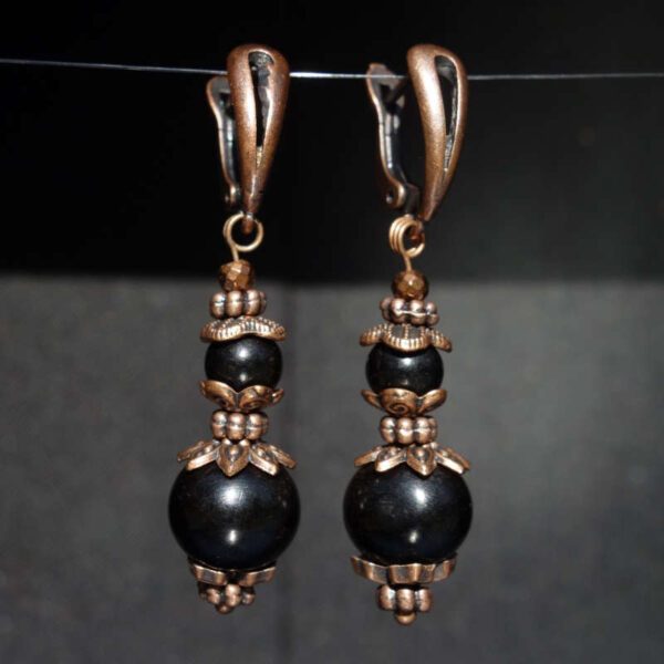 Black Ox Horn Earrings natural bone round beads Antique Copper Style English Lock Hooks