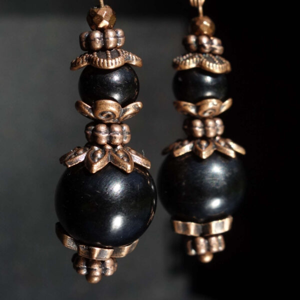 Black Ox Horn Earrings natural bone round beads Antique Copper Style English Lock Hooks