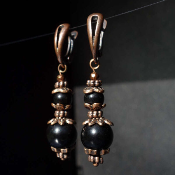 Black Ox Horn Earrings natural bone round beads Antique Copper Style English Lock Hooks