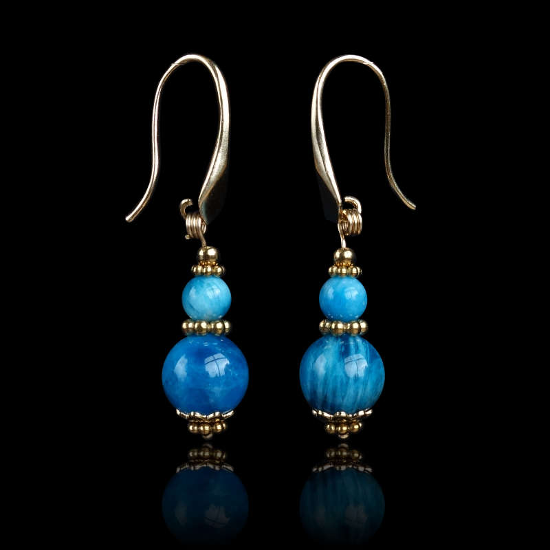 Blue Apatite Earrings Semi-Precious Stone Round Beads 18k Gold Plated 925 Sterling Silver Hooks