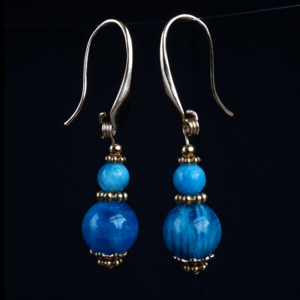 Blue Apatite Earrings Semi-Precious Stone Round Beads 18k Gold Plated 925 Sterling Silver Hooks