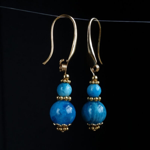 Blue Apatite Earrings Semi-Precious Stone Round Beads 18k Gold Plated 925 Sterling Silver Hooks