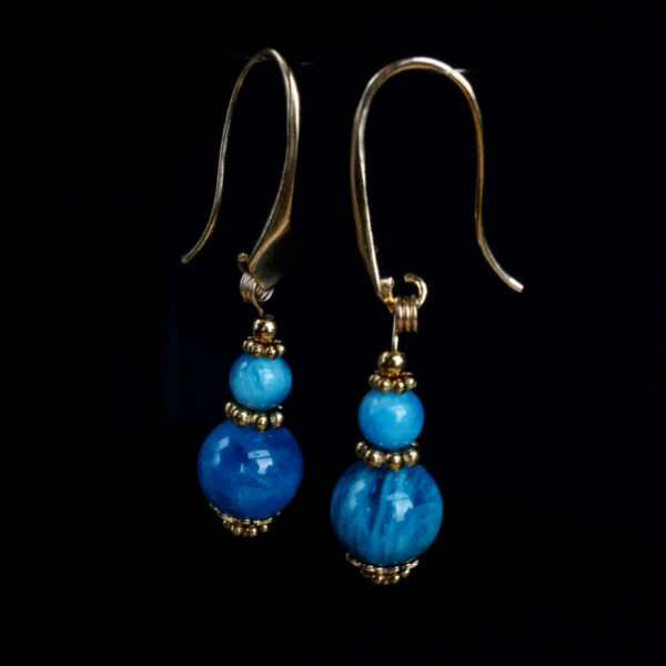 Blue Apatite Earrings Semi-Precious Stone Round Beads 18k Gold Plated 925 Sterling Silver Hooks