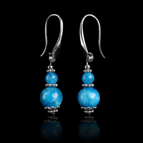 Blue Apatite Earrings Semi-Precious Stone Round Beads Rhodium Plated 925 Sterling Silver Hooks