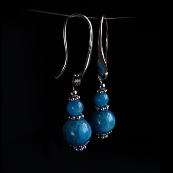 Blue Apatite Earrings Semi-Precious Stone Round Beads Rhodium Plated 925 Sterling Silver Hooks