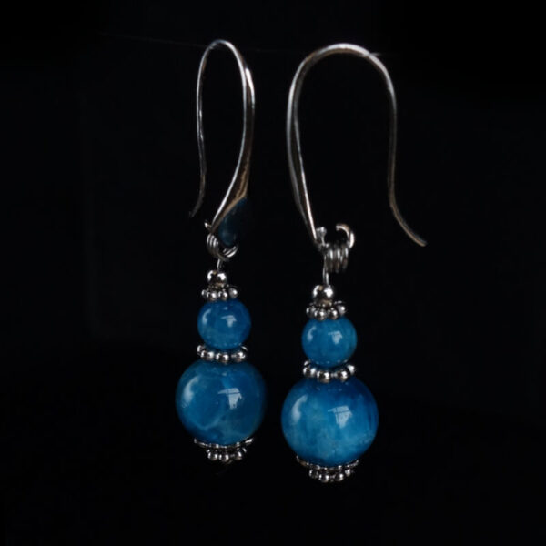 Blue Apatite Earrings Semi-Precious Stone Round Beads Rhodium Plated 925 Sterling Silver Hooks