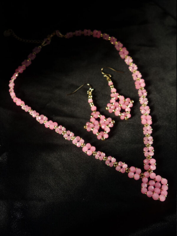 Carnation-Pink-Glass-Necklace-Earrings-Set-rondelle-glass-beads-golden-miyuki-beads-hypoallergic-stainless-steel-07243s