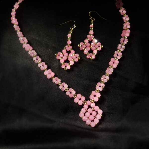 Carnation-Pink-Glass-Necklace-Earrings-Set-rondelle-glass-beads-golden-miyuki-beads-hypoallergic-stainless-steel-07246s