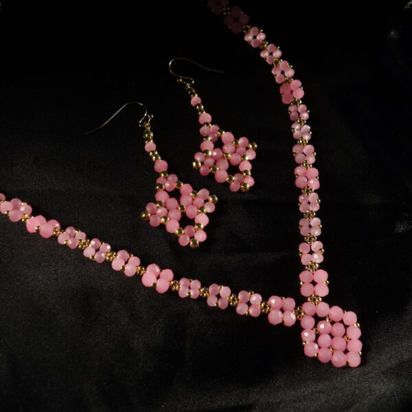 Carnation-Pink-Glass-Necklace-Earrings-Set-rondelle-glass-beads-golden-miyuki-beads-hypoallergic-stainless-steel-07255L