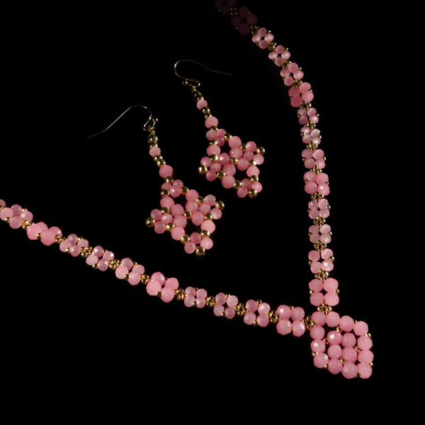 Carnation-Pink-Glass-Necklace-Earrings-Set-rondelle-glass-beads-golden-miyuki-beads-hypoallergic-stainless-steel-07255s